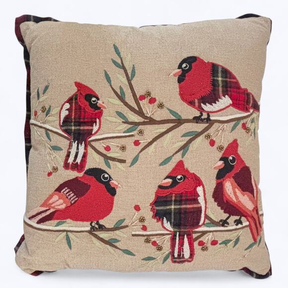 Pier 1 Imports Holiday Tartan Cardinal Birds on Holly Branches Square Piillow - Picture 1 of 6